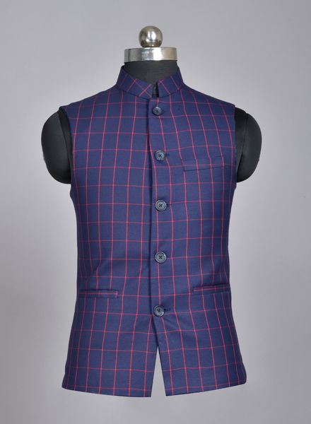 Waist Coat Polyester Cotton Formal Wear Regular fit Nehru Collar Basic Check Waistcoat La Scoot